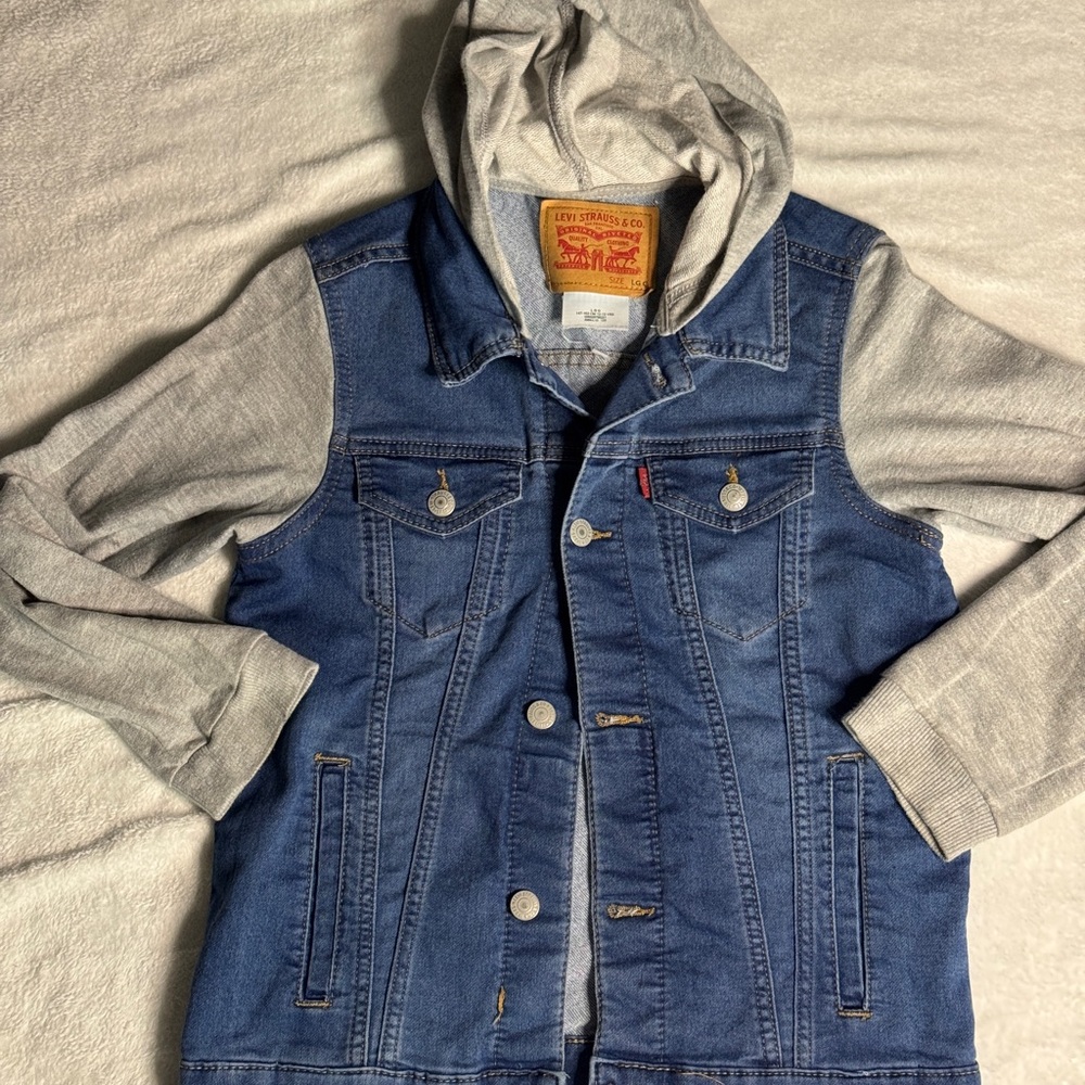 Kids Levis Trucker Gray‎ Sweatshirt Hoodie & Sleeves Denim Snap Front Jacket L